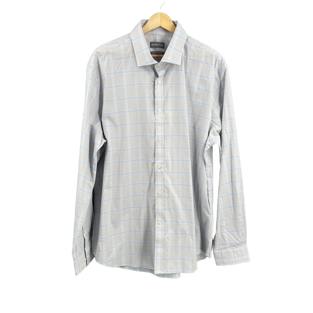 Michael Kors Men’s Button Front Shirt Beige Plaid Stretch Slim Fit Office XL New